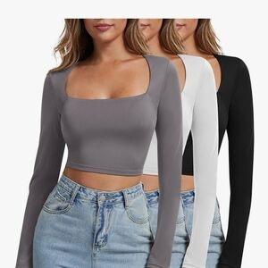 Women's Long Sleeve Square Neck Crop Top - Gray, White, Black